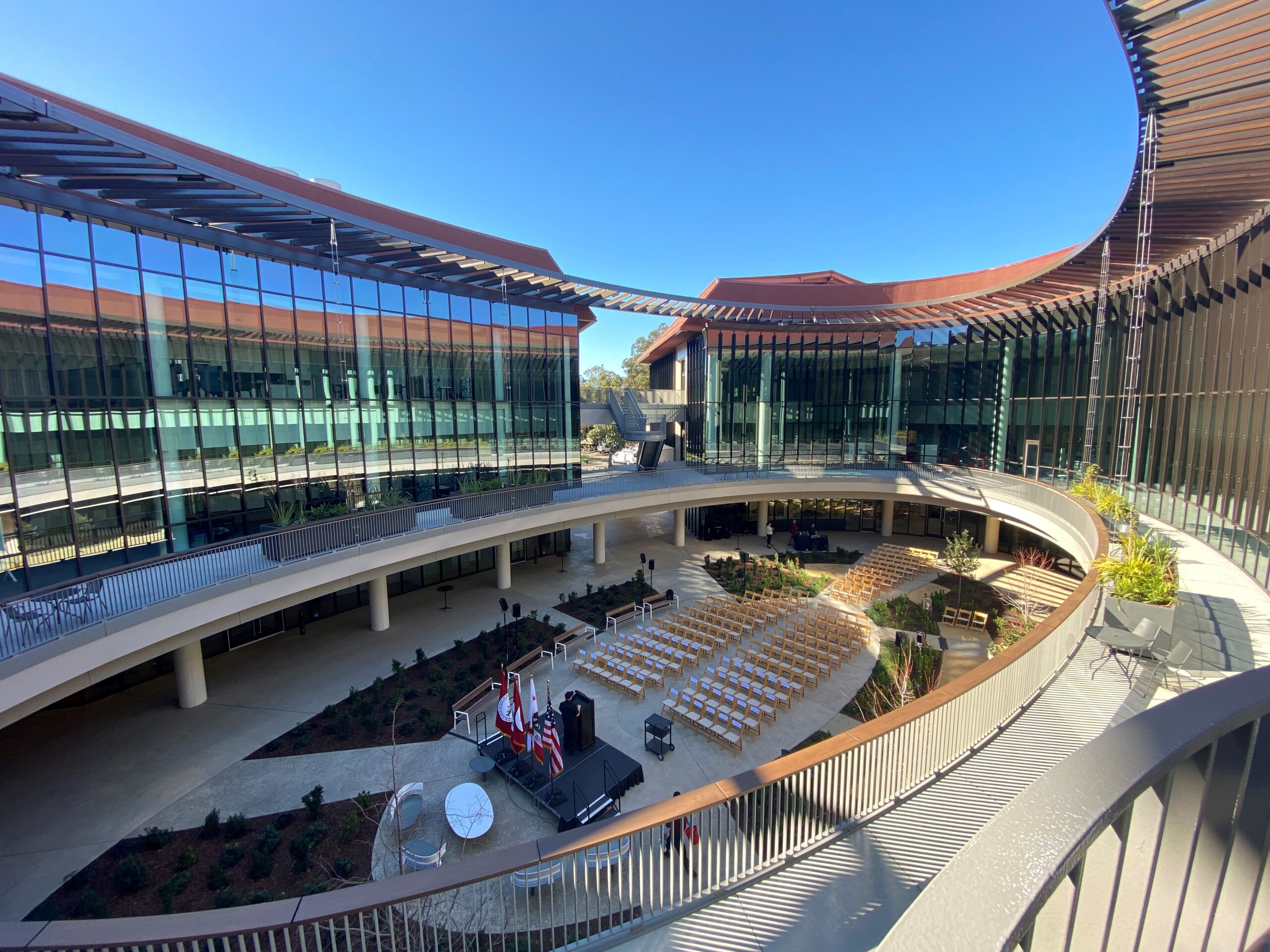 cars set up in a patio of a building